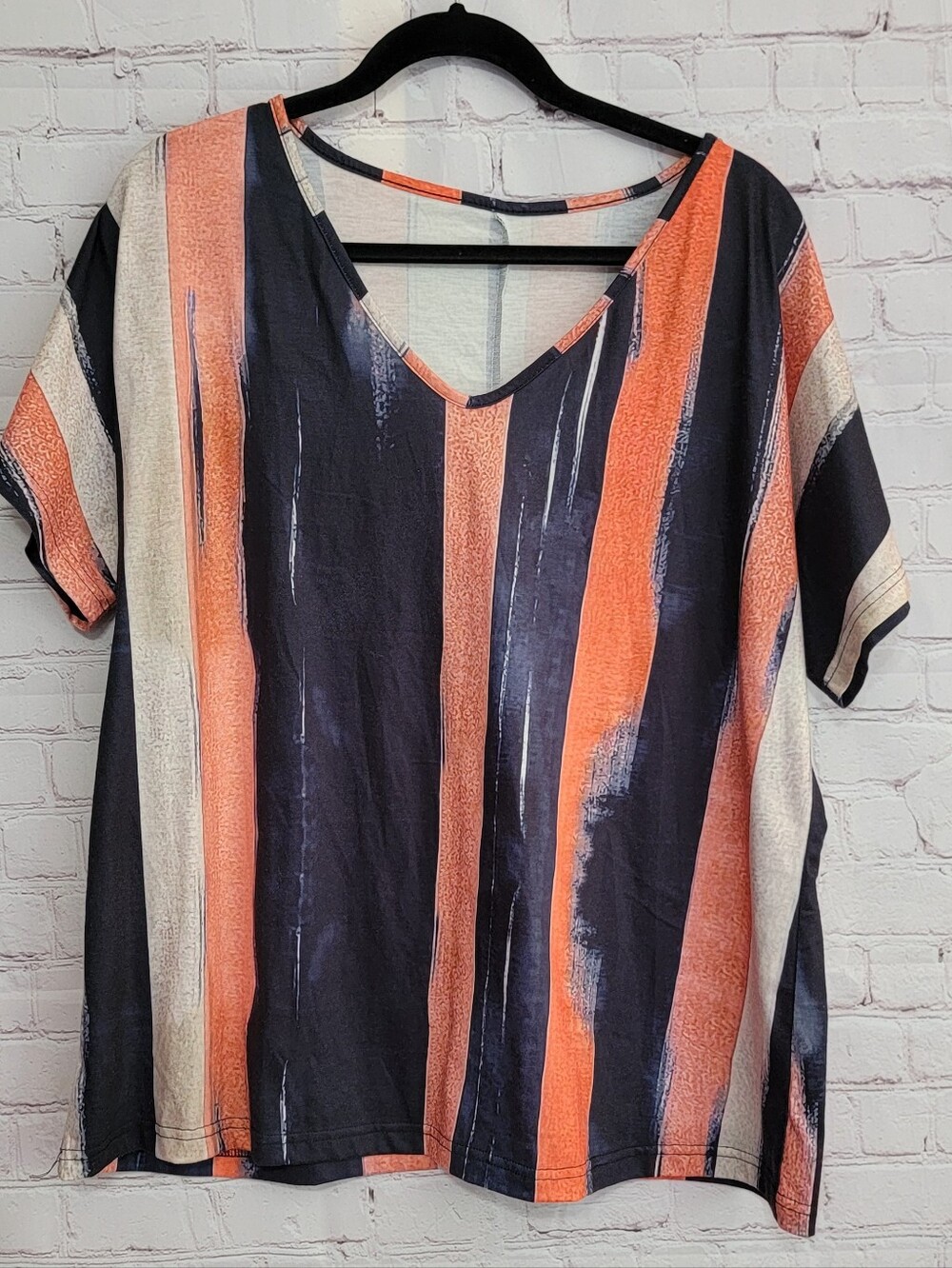 Woven Striped V-Neck Women’s Top - Blue, Orange, Cream 2XL